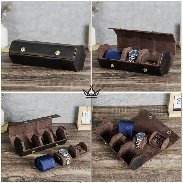 Étui voyage cuir personnalisable montres et cravate - Voyageur GENTLEMAN - ["Etui Montre personnalisable","maj-filtre","Maroquinerie Personnalisable"] - etui montre personnalisable - Cadeau, Noël, Anniversaire, Original, Fête des pères, fête des mères - Atelier Atypique