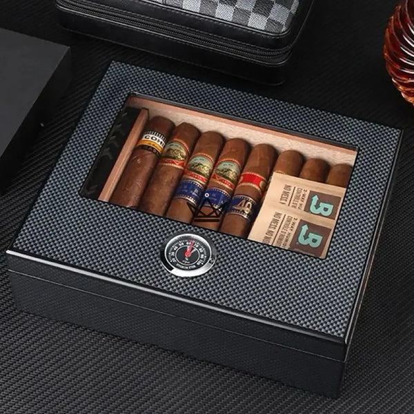 Carbon Fiber Cigar Humidor with accessories, 60 cigars - SHADOW PRESTIGE