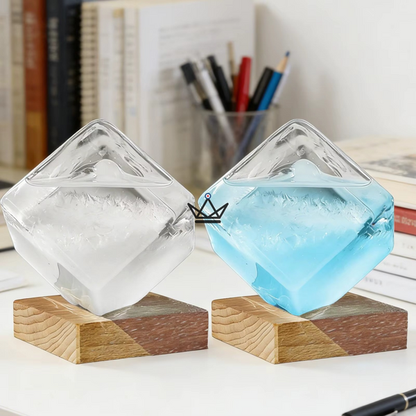 Glass cube storm glass barometer on wooden base - FROST