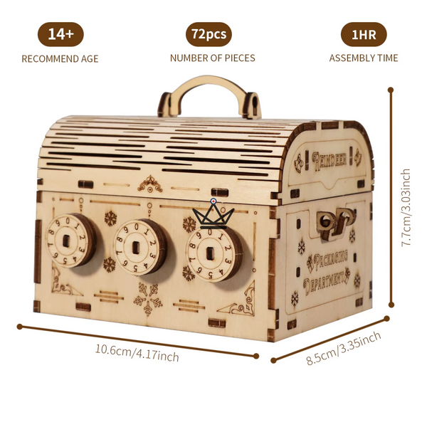 3D wooden travel code chest puzzle, 3 dials - ESCALE