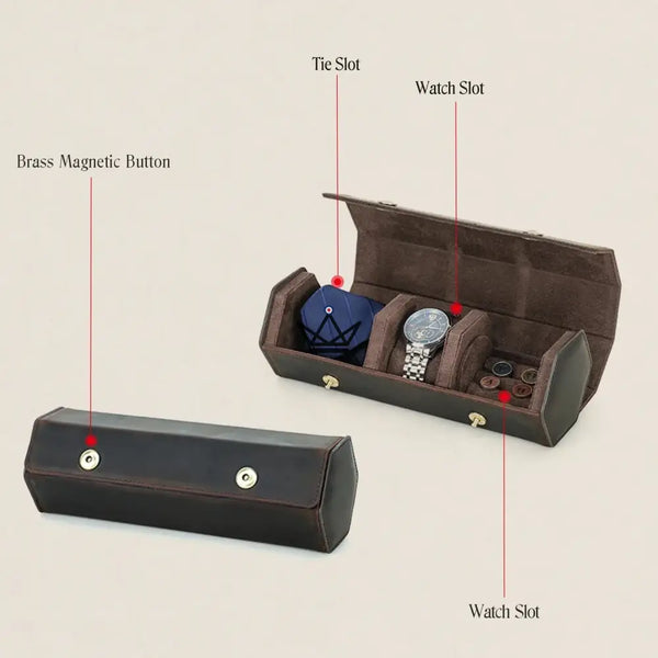 Étui voyage cuir personnalisable montres et cravate - Voyageur GENTLEMAN - ["Etui Montre personnalisable","maj-filtre","Maroquinerie Personnalisable"] - etui montre personnalisable - Cadeau, Noël, Anniversaire, Original, Fête des pères, fête des mères - Atelier Atypique