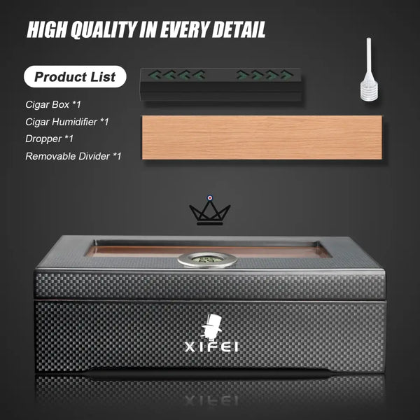 Carbon Fiber Cigar Humidor 25-35 Cigars Glass Top - SHADOW