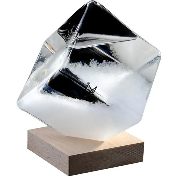 Glass cube storm glass barometer on wooden base - FROST
