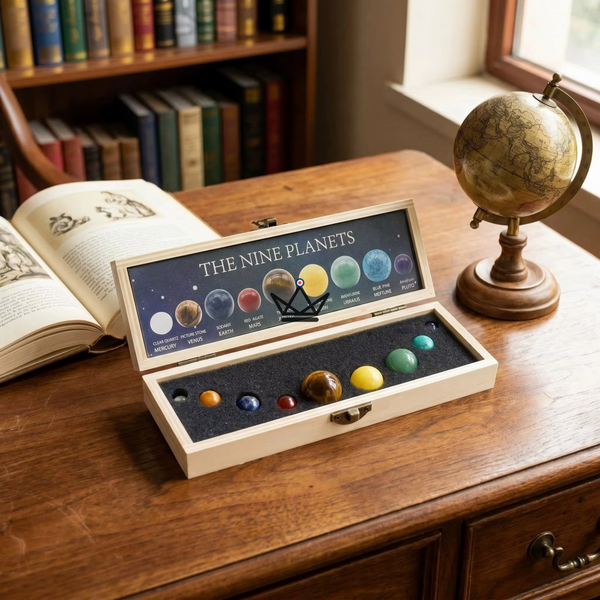 Natural stone solar system, 9 spheres in a wooden box — SIDÉRAL