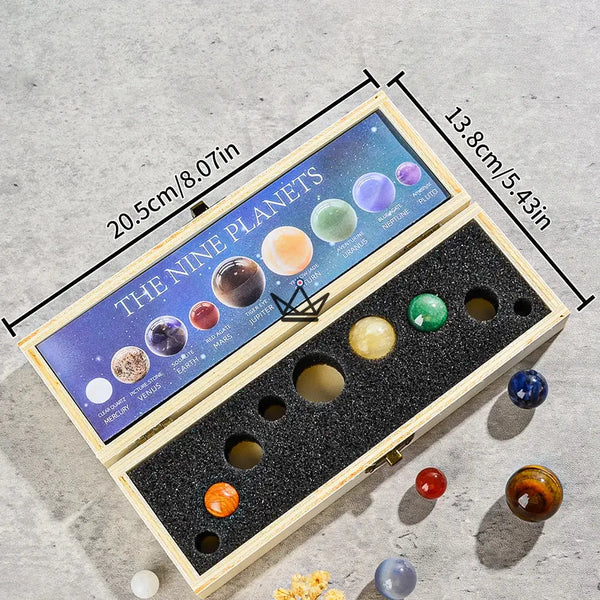 Natural stone solar system, 9 spheres in a wooden box — SIDÉRAL – 9/9