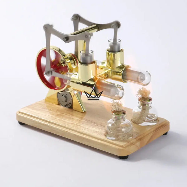 Twin-cylinder Stirling engine with generator and LED - CASTOR