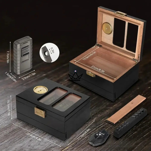 Glass-top cedar cigar humidor with drawer and 3-torch lighter, 20 to 35 cigars — CARTEL – 6/8
