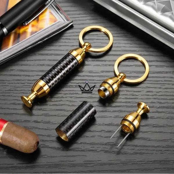 2-in-1 Gold-Tone Cigar Punch Keychain with Needle — SCEPTRE, Carbon pattern