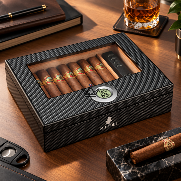 Carbon Fiber Cigar Humidor 25-35 Cigars Glass Top - SHADOW