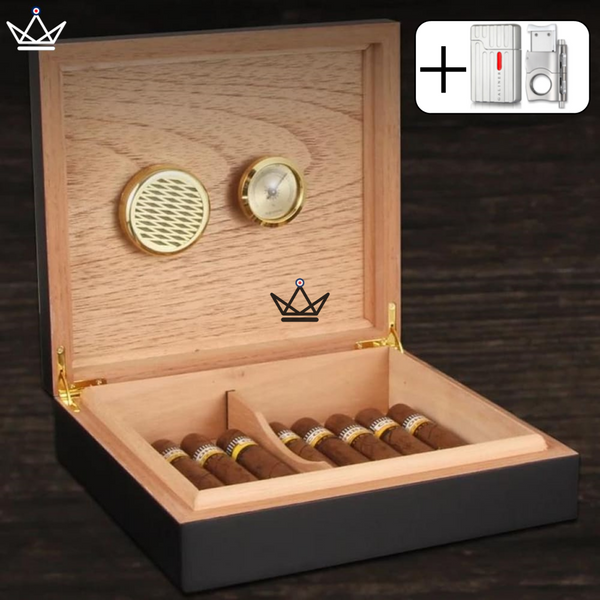 BLACK WOOD Cigar Humidor — Spanish Cedar, 20 Cigars, Hygrometer & Humidifier