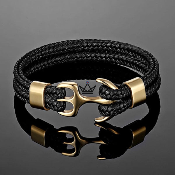 bracelet cordon ancre noir or