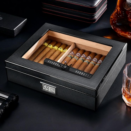 CARBON Cigar Humidor — carbon fibre, Spanish cedar & glass | 35 cigars